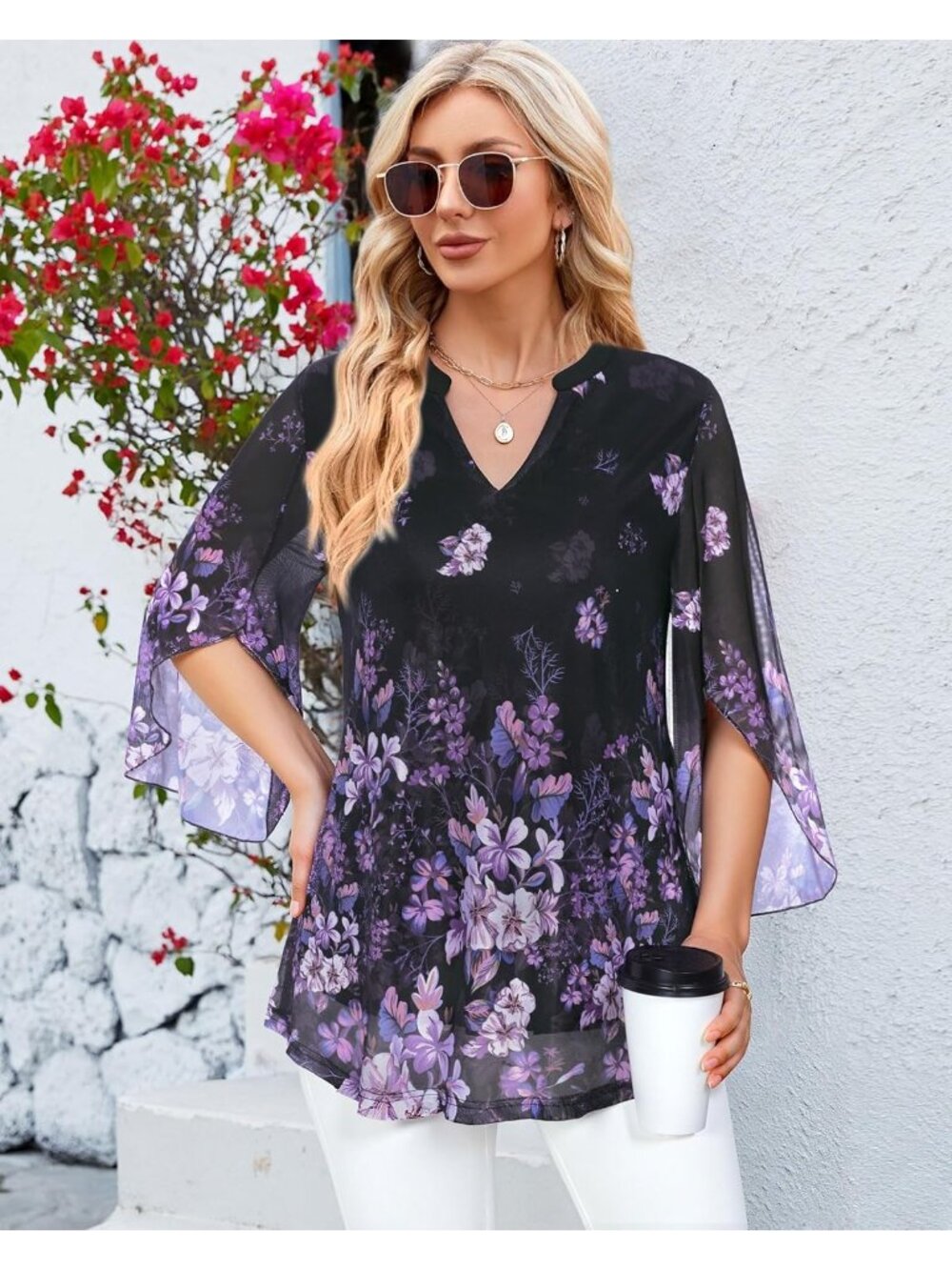 VALOLIA Women's Tops Black 3/4 Sleeve Floral V Neck Double Layers Mesh Blouses - Picture 6 of 6